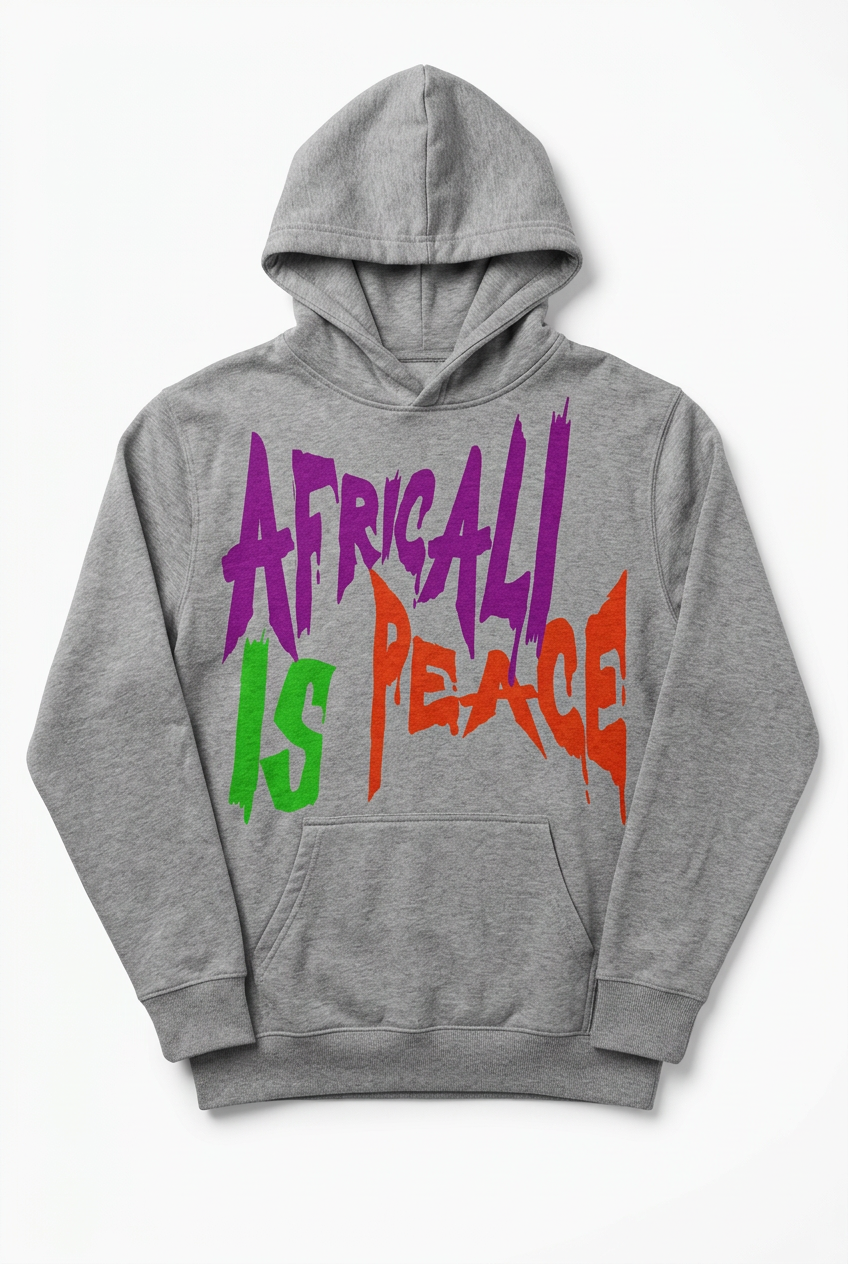 Africali Is Peace gray hoodie, studio flat lay