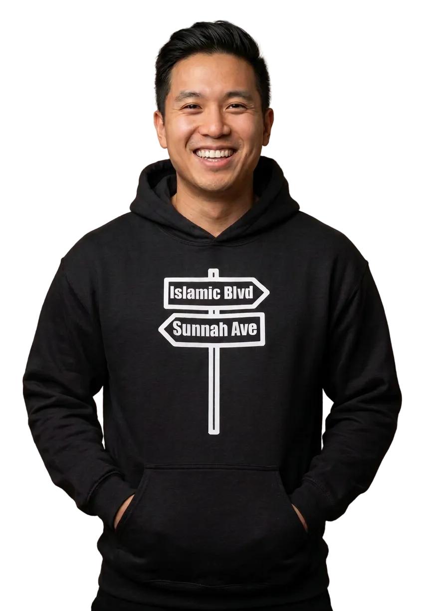 Asian American model in black hoodie, drawstrings tucked away