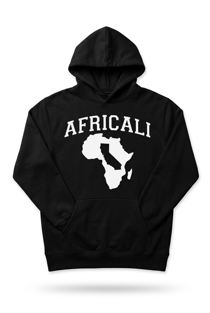 Black Africali Peace hoodie, sleeves tucked into kangaroo pocket