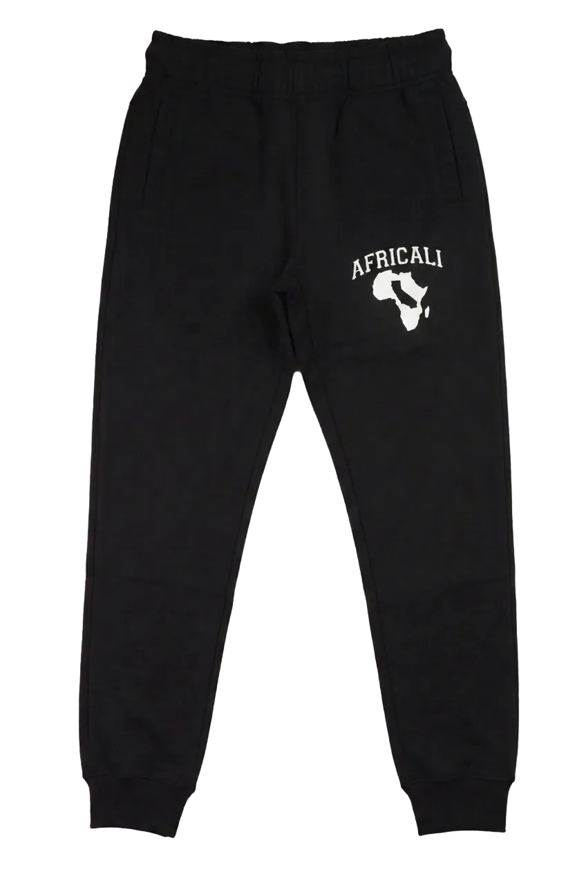 Black joggers with white Peace logo and tucked-in drawstring