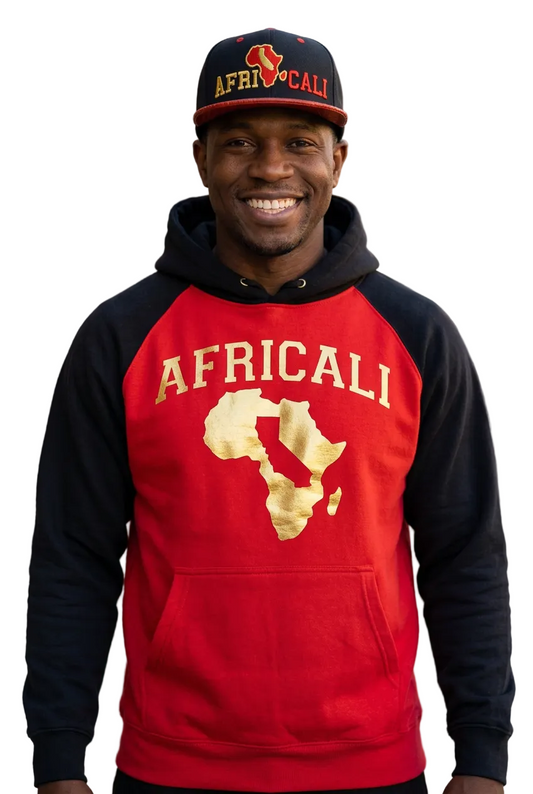 Black male model wearing the Africali Peace black-and-red hoodie and matching snapback