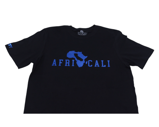 AFRICALI UNITY T-SHIRT - BLACK & METALLIC BLUE FOIL DESIGN