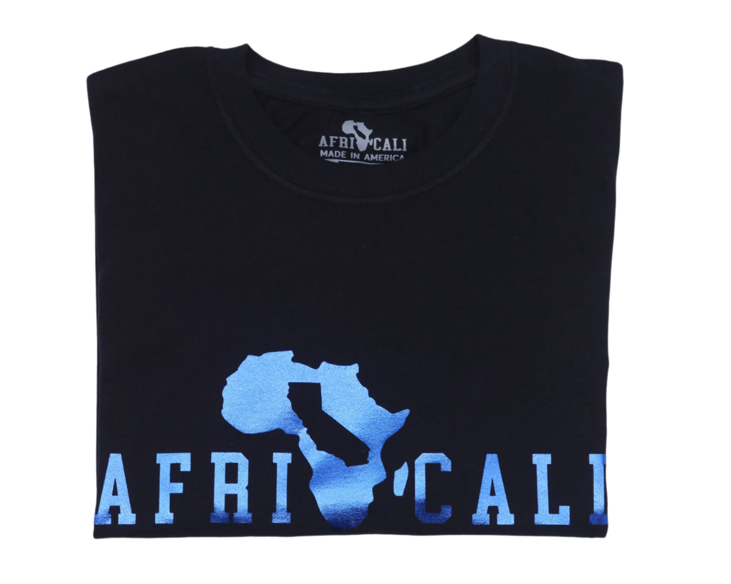 AFRICALI UNITY T-SHIRT - BLACK & METALLIC BLUE FOIL DESIGN