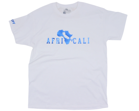 AFRICALI UNITY T-SHIRT - WHITE & METALLIC BLUE FOIL DESIGN
