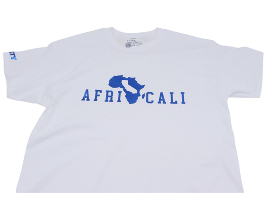 AFRICALI UNITY T-SHIRT - WHITE & METALLIC BLUE FOIL DESIGN