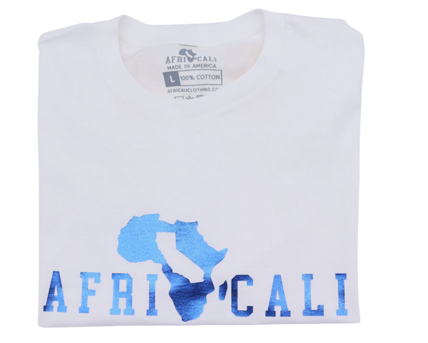 AFRICALI UNITY T-SHIRT - WHITE & METALLIC BLUE FOIL DESIGN