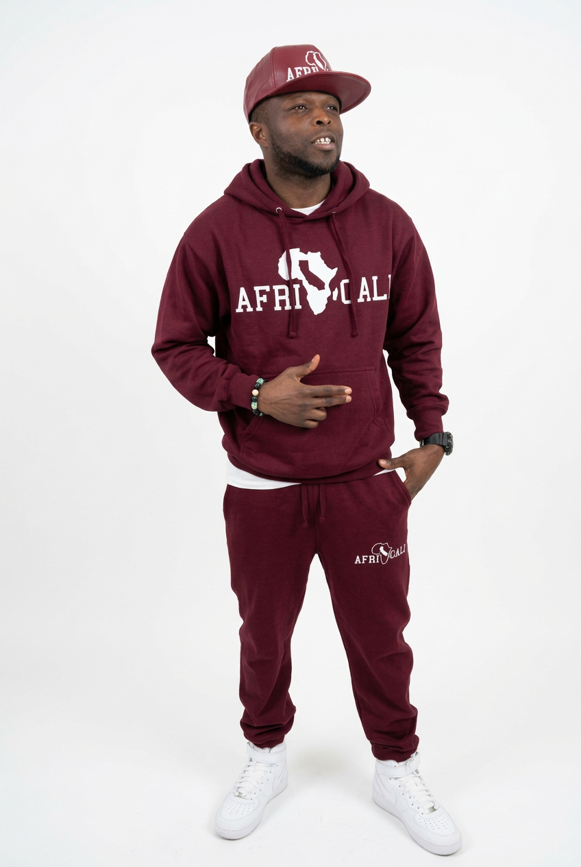 Africali burgundy sweatsuit photo with a white studio background