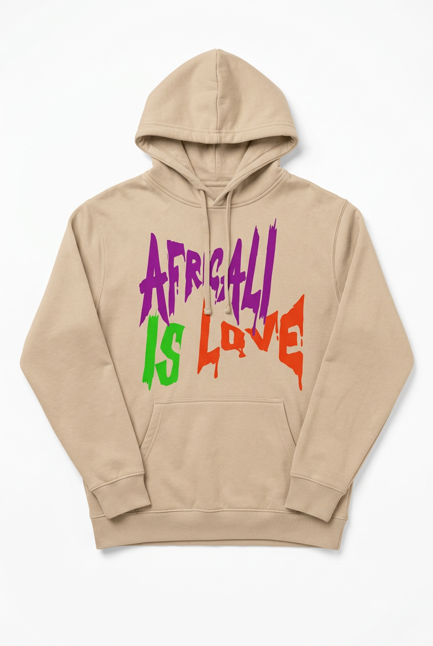 Africali Is Love beige hoodie, studio flat lay
