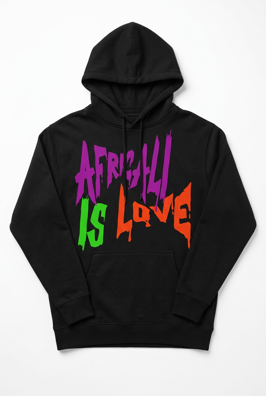 Africali Is Love black hoodie, studio flat lay