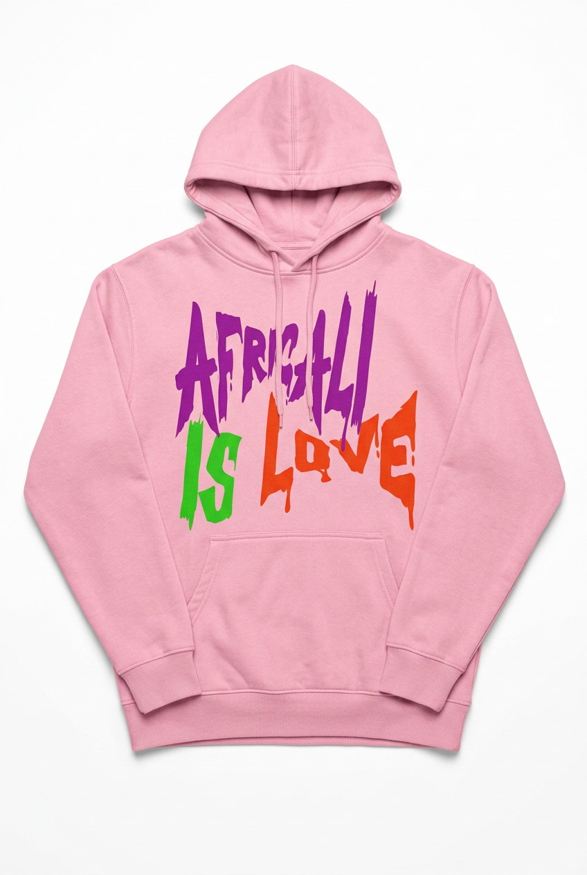 Africali Is Love pink hoodie, studio flat lay