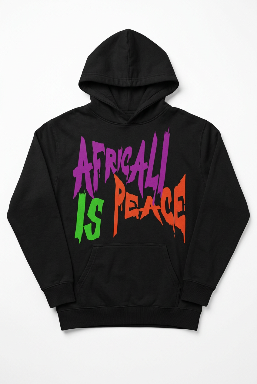 Africali Is Peace black hoodie, studio flat lay