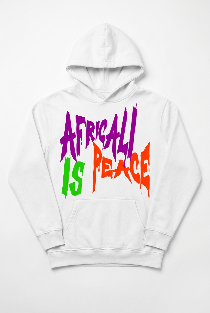 Africali Is Peace white hoodie, studio flat lay