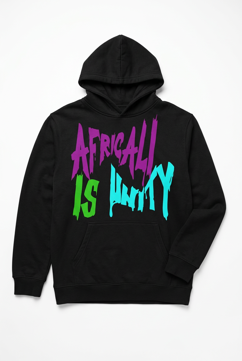 Africali Is Unity black hoodie, studio flat lay