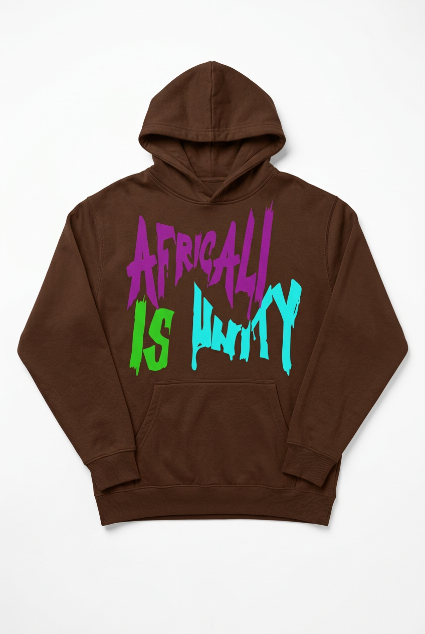 Africali Is Unity brown hoodie, studio flat lay