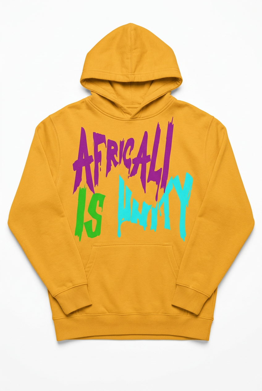 Africali Is Unity gold hoodie, studio flat lay