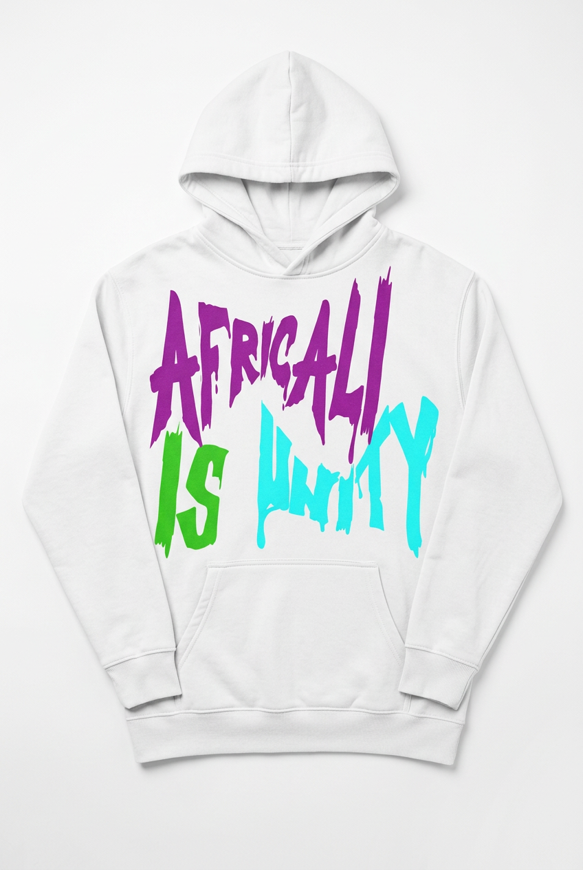 Africali Is Unity white hoodie, studio flat lay
