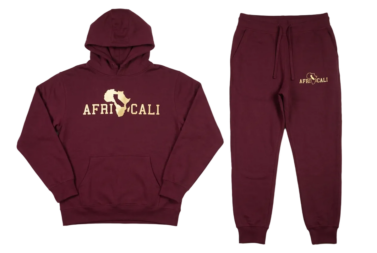 Africali Unity burgundy-and-gold sweatsuit studio set