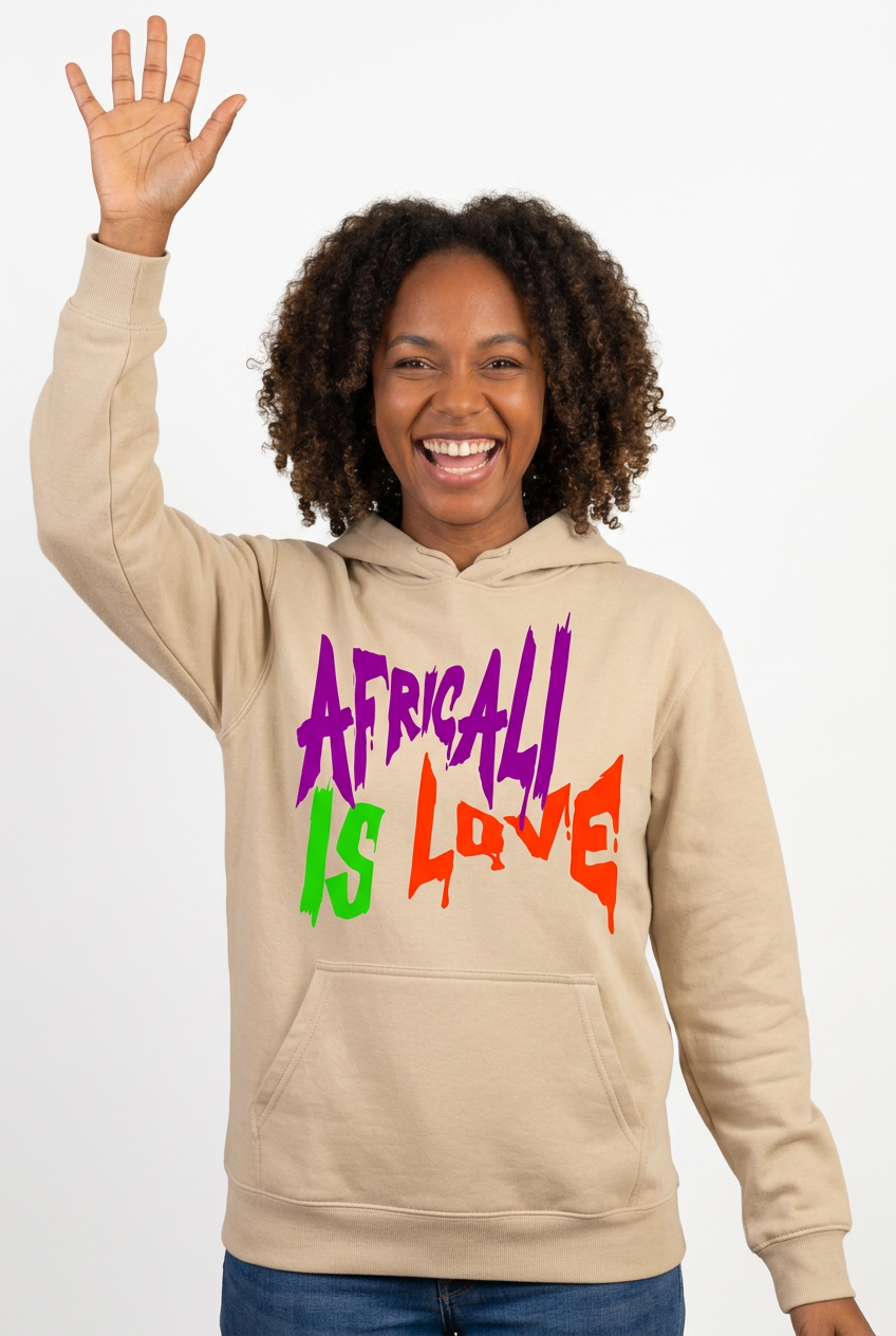African American female model celebrating with arm raised in the beige Africali Is Love hoodie