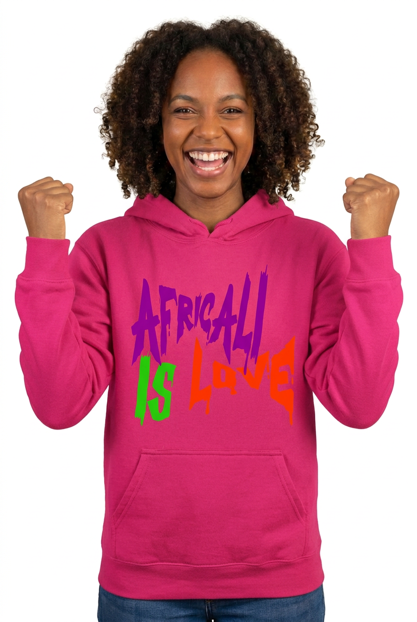 African American female model cheering with raised fists in the deep pink Africali Is Love hoodie