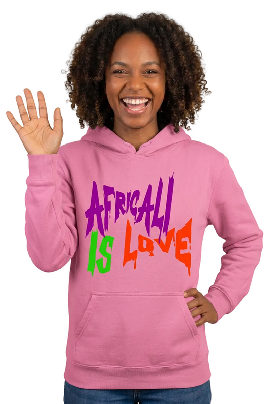 African American female model waving cheerfully in the pink Africali Is Love hoodie