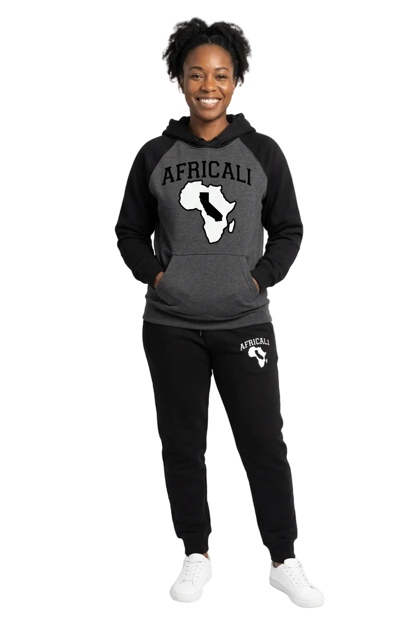 African American female model wearing gray-and-black Peace hoodie and black joggers
