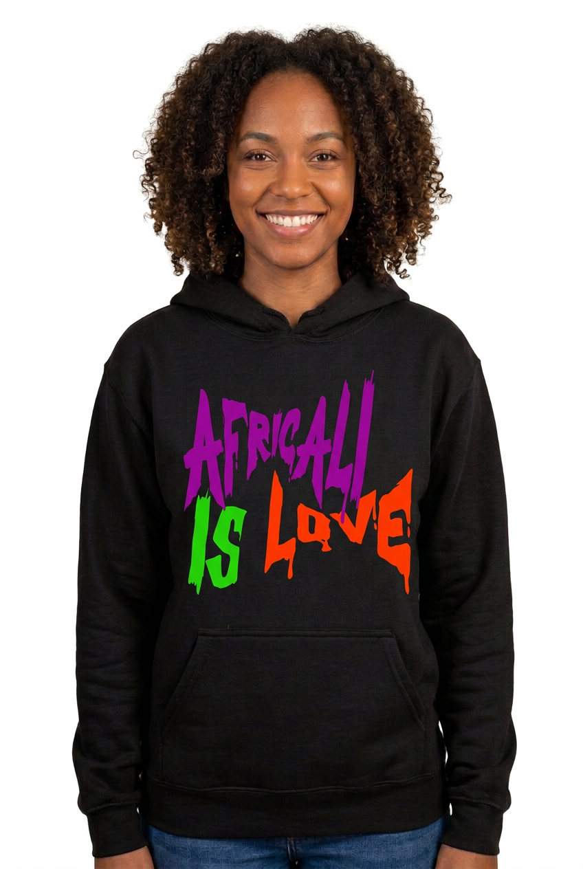 African American female model wearing the black Africali Is Love hoodie