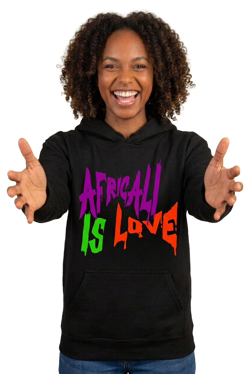 African American female model welcoming with open arms in the Africali Is Love hoodie