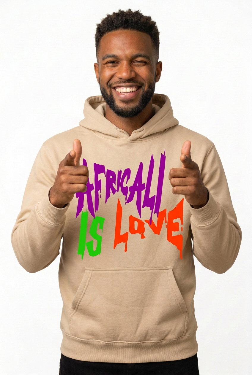 African American male model giving two thumbs up in the beige Africali Is Love hoodie