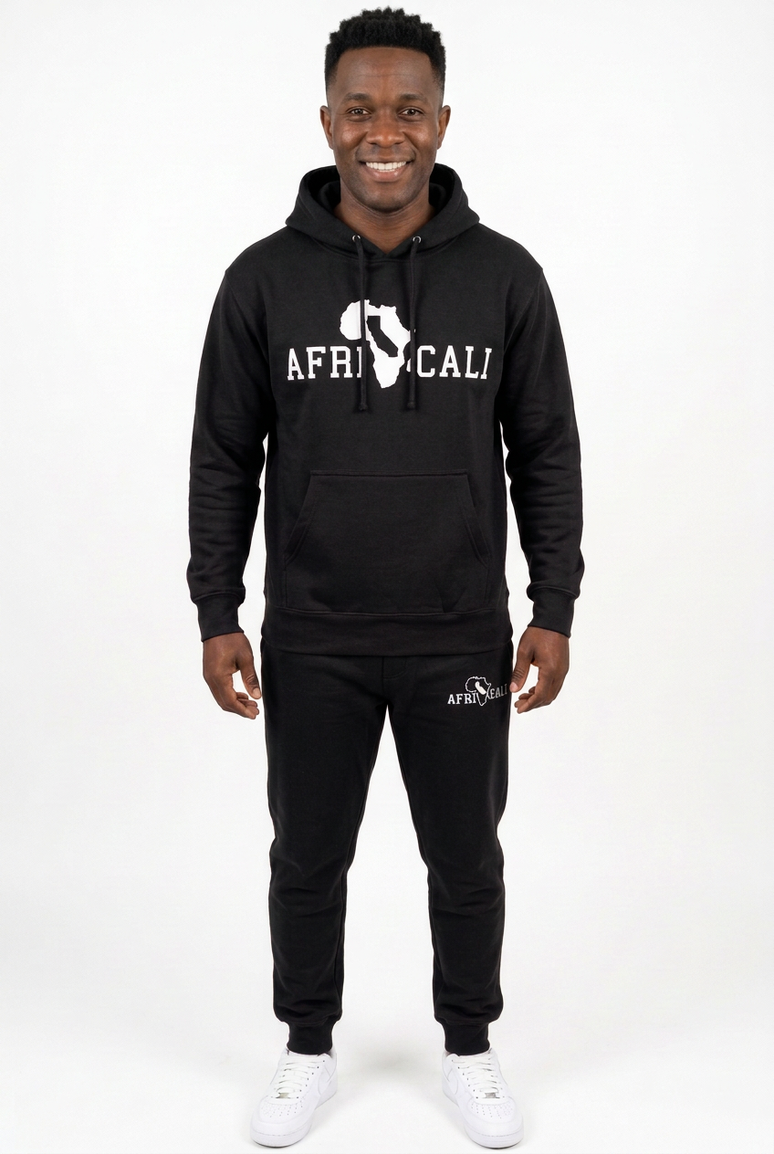 African American male model in black sweatsuit