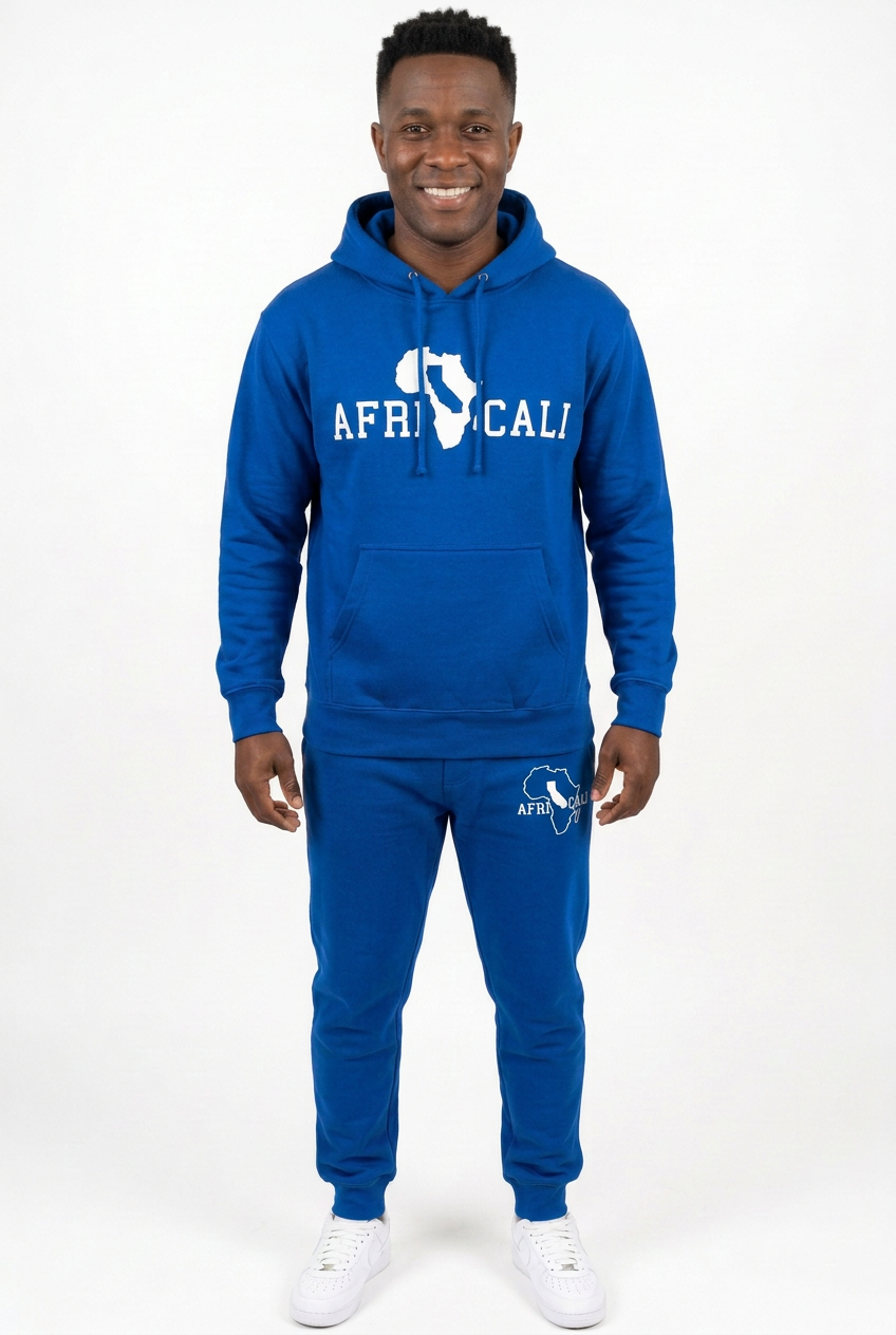 African American male model in blue sweatsuit