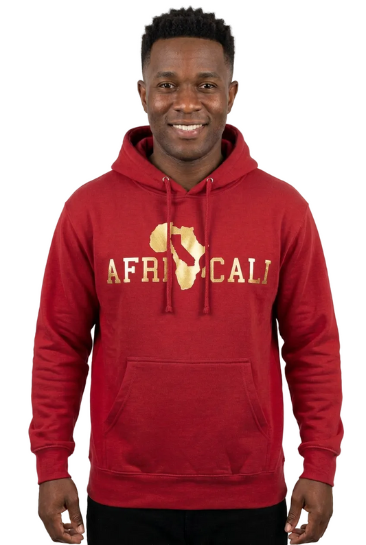 African American male model in red hoodie