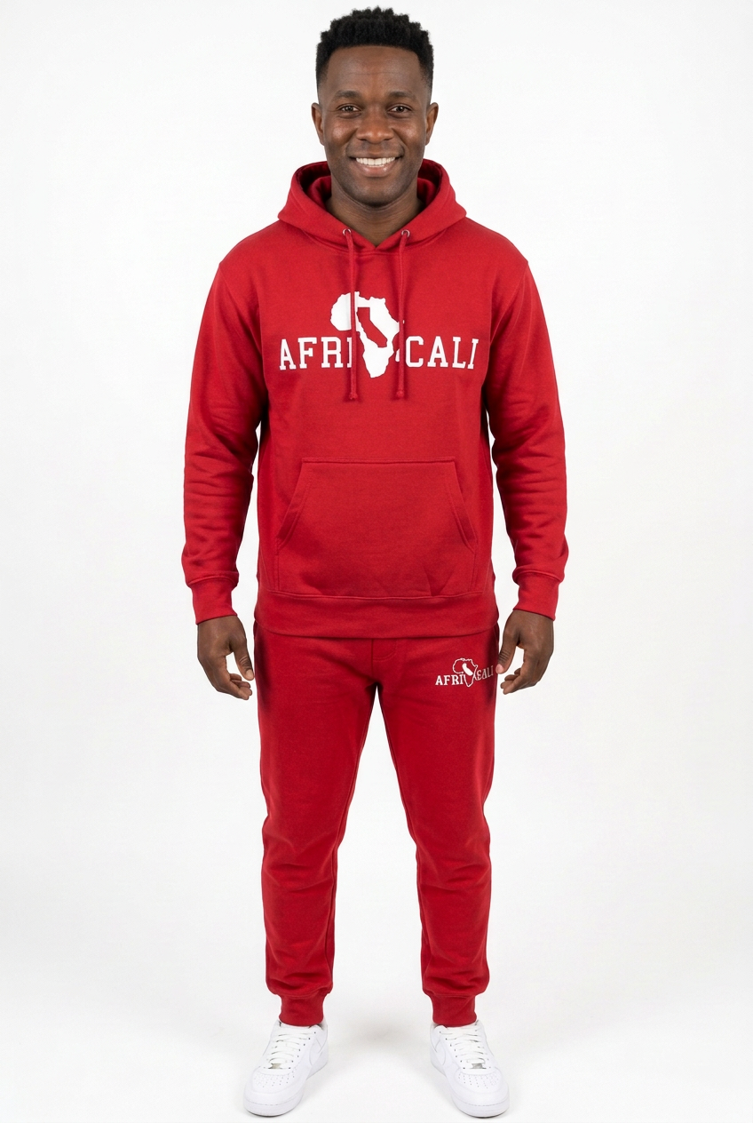 African American male model in red sweatsuit