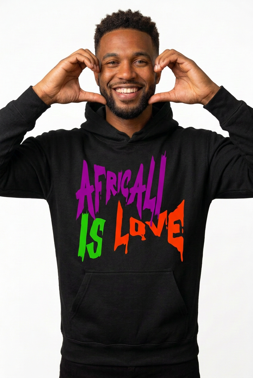 African American male model making a heart with his hands in the Africali Is Love hoodie