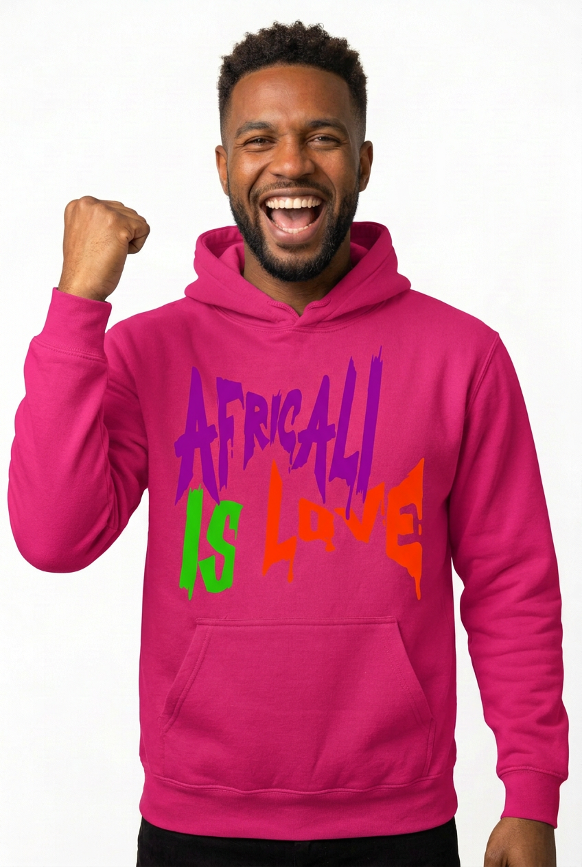 African American male model pumping his fist in the deep pink Africali Is Love hoodie