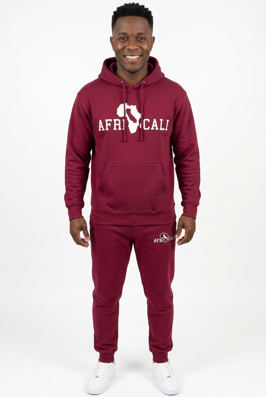 African American male model wearing burgundy-and-white Unity sweatsuit