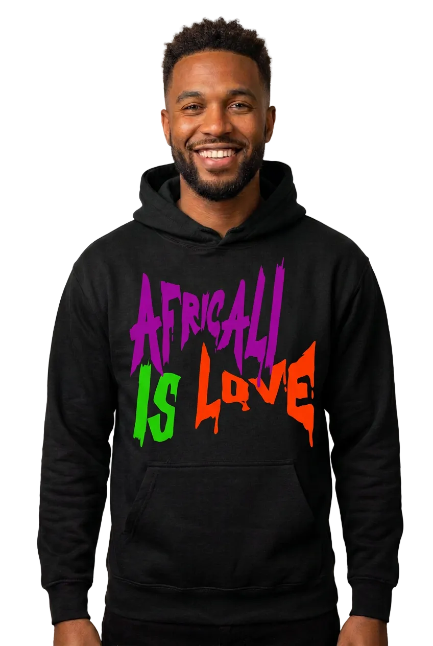 African American male model wearing the black Africali Is Love hoodie