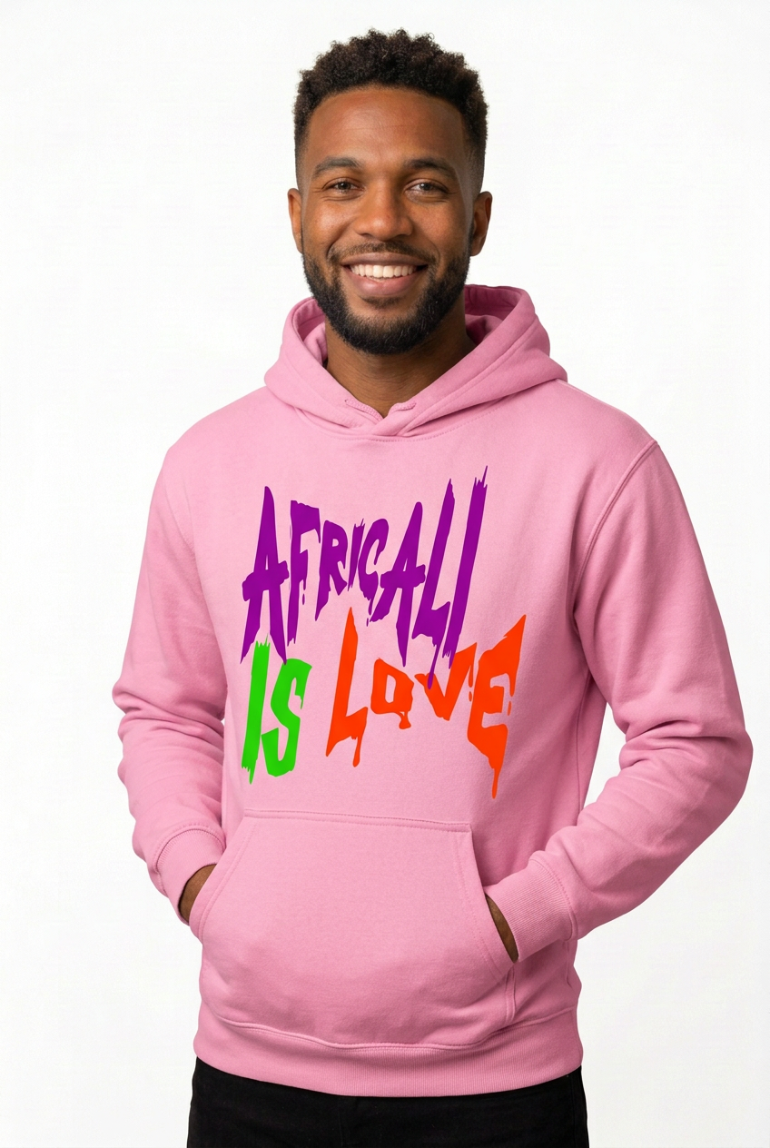African American male model with hands in pockets in the pink Africali Is Love hoodie