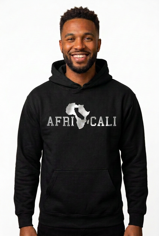 African American man, black hoodie with revised silver logo