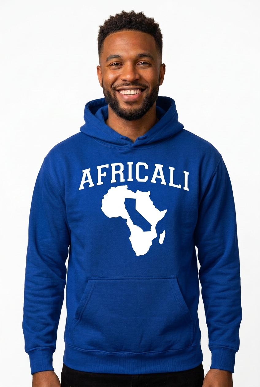 African American man, blue Peace hoodie