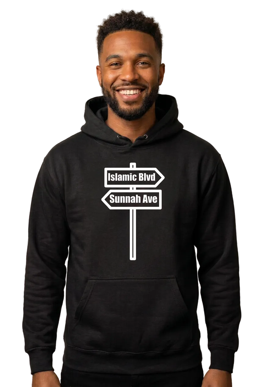 African American man in black Islamic Blvd & Sunnah Ave hoodie