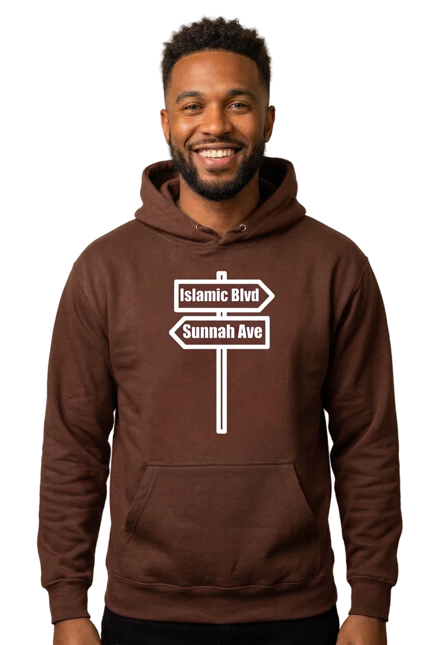 African American man in brown Islamic Blvd & Sunnah Ave hoodie