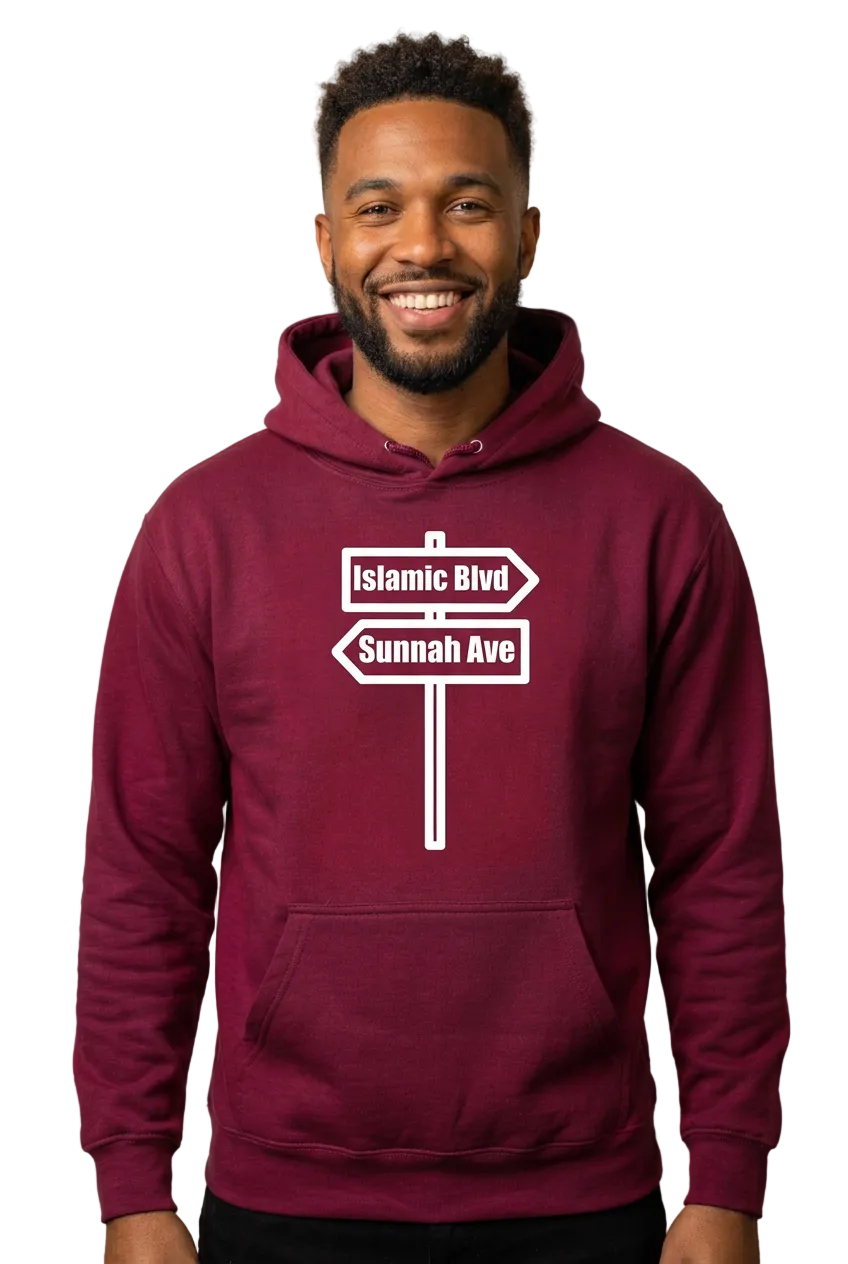 African American man in burgundy Islamic Blvd & Sunnah Ave hoodie