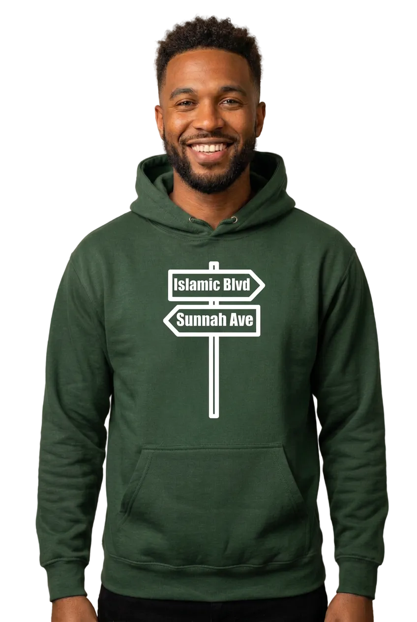 African American man in green Islamic Blvd & Sunnah Ave hoodie
