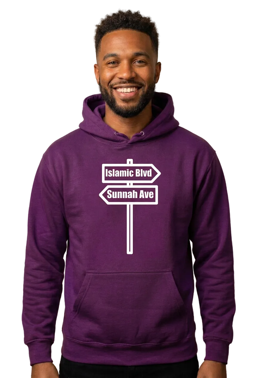 African American man in purple Islamic Blvd & Sunnah Ave hoodie