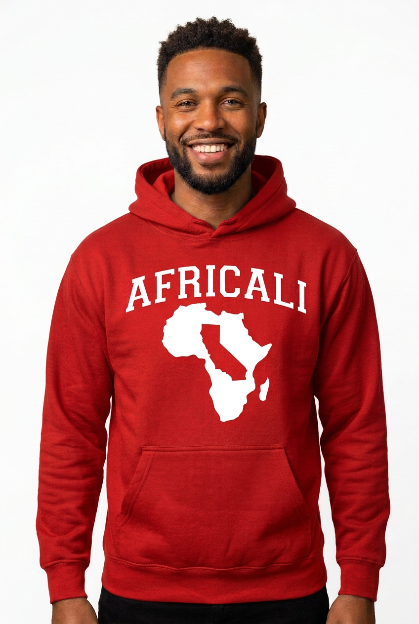 African American man, red Peace hoodie