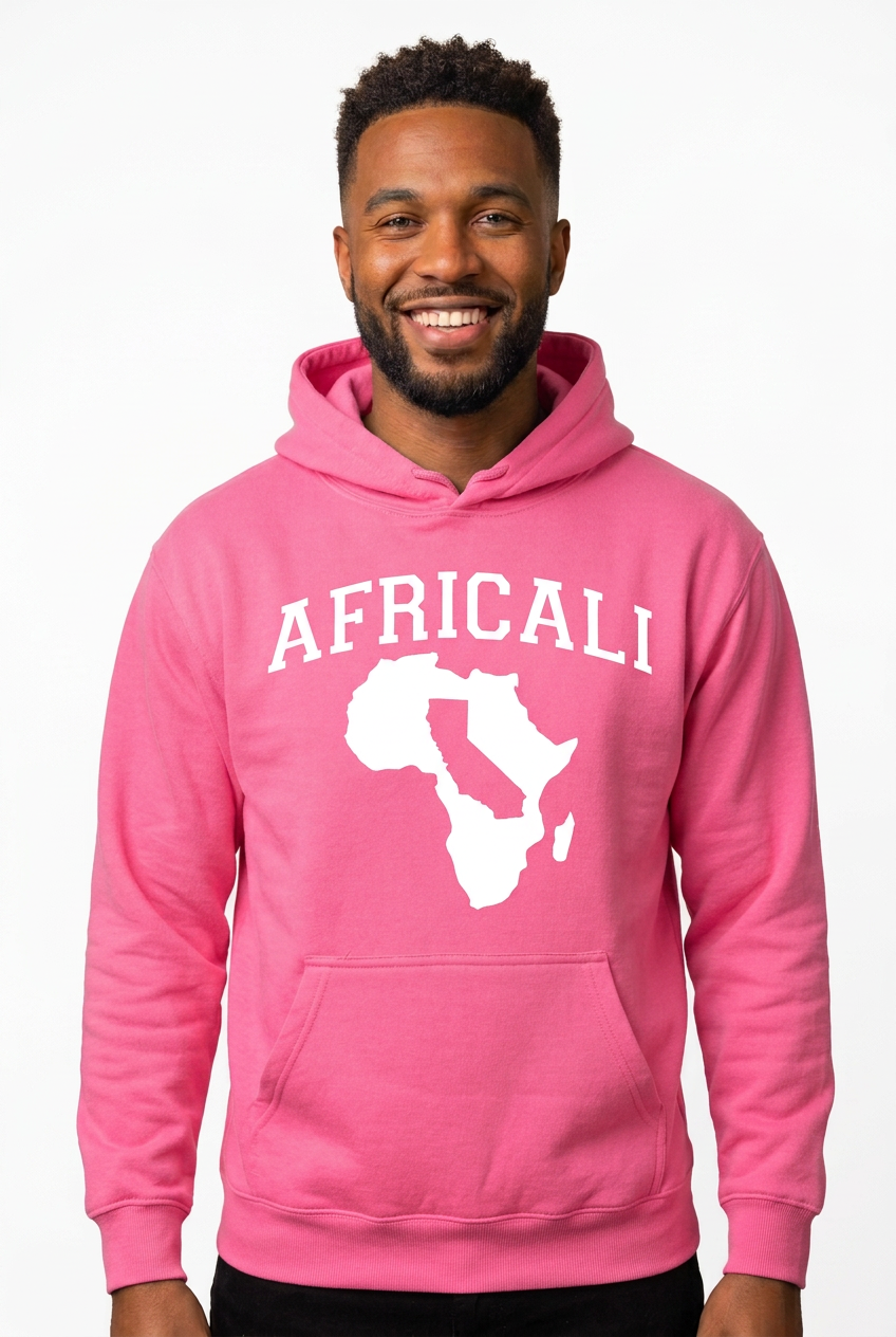 African American man wearing original pink Africali Peace hoodie on white background