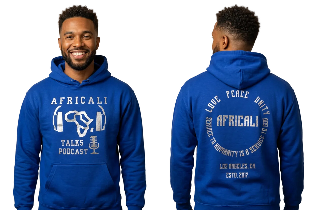 African American model, blue hoodie front and back
