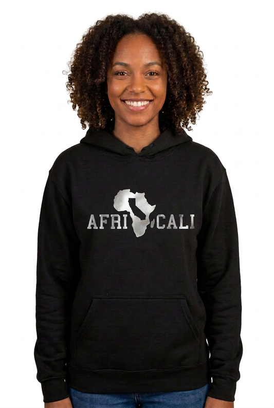 African American woman, black hoodie with revised silver logo