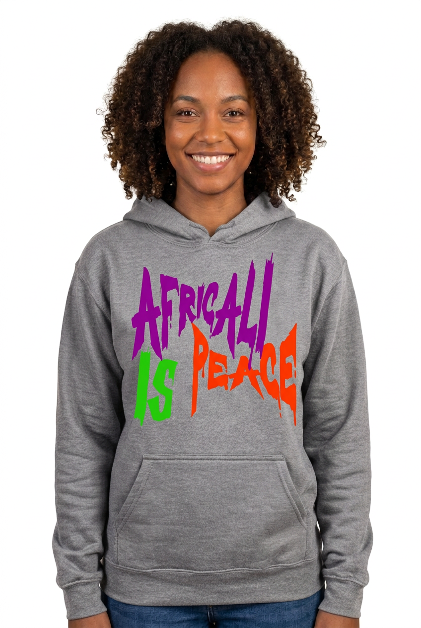 African American woman, gray Africali Is Peace hoodie