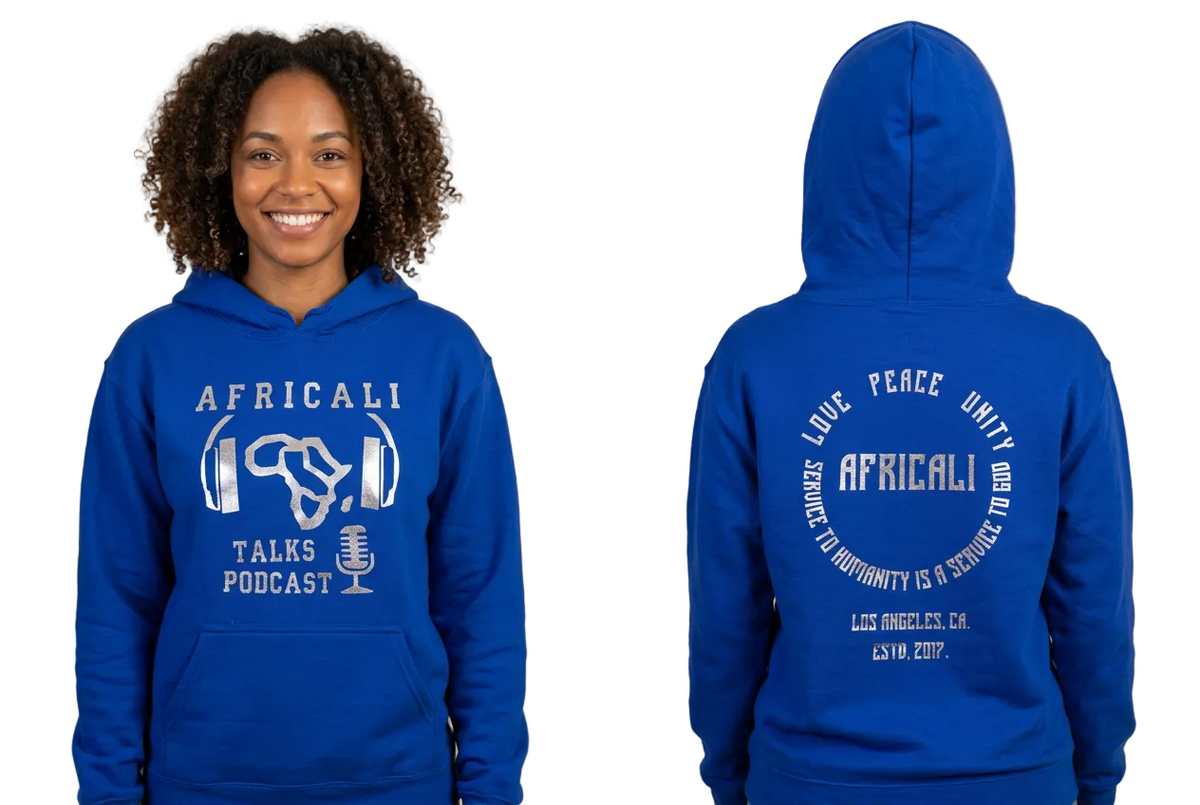 African American woman in blue Africali Talks Podcast hoodie, front and back